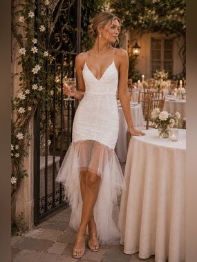 NWT Selfie Leslie Mon Amour White Lace Tulle Dress Large Bridal Rehearsal Dinner